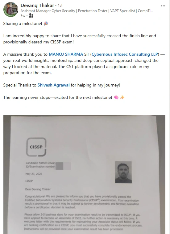 Devang — CISSP success story, LinkedIn post