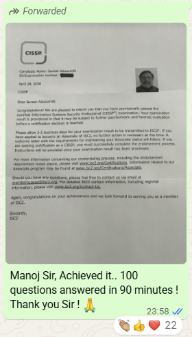 Suresh — CISSP pass announcement in WhatsApp group